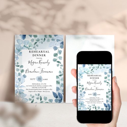 Dusty Eucalyptus Blue Botanical Rehearsal Dinner  Invitation