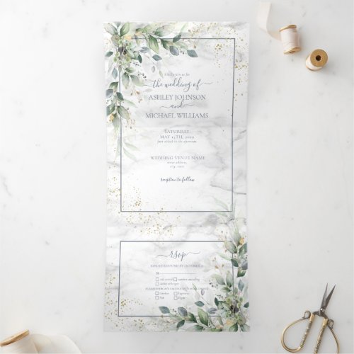 Dusty Eucalyptus Botanical Gold Greenery Wedding Tri_Fold Invitation