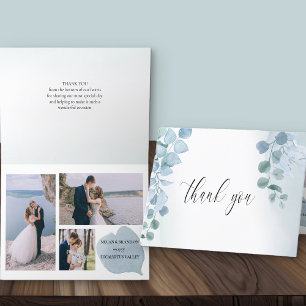 Dusty Eucalyptus Elegant 3 Photo Wedding Letterpress Thank You Card