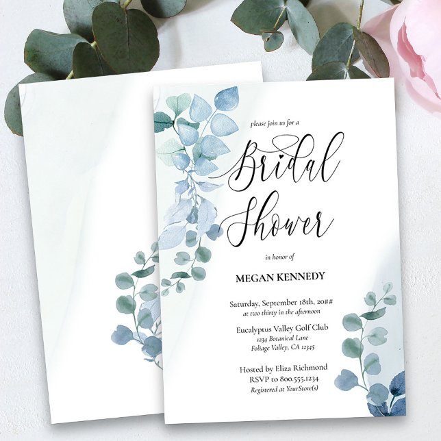 Dusty Eucalyptus Elegant Greenery Bridal Shower Invitation (Watercolor Bridal Shower Invitation with Dusty Blue Eucalyptus)