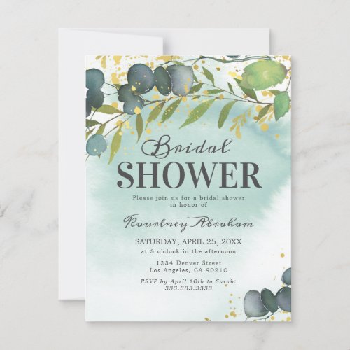 Dusty Eucalyptus Gold Bridal Shower Invitation - Modern wedding bridal shower invitations featuring a dusty greeny/blue watercolor wash, elegant green botanical leaves, splashes of faux gold foil, and a simple bridal shower party template that is easy to personalize.