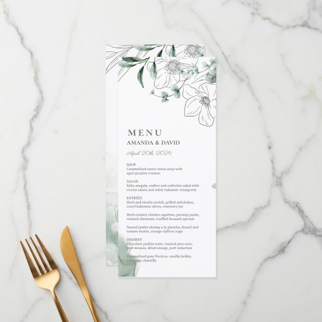 Dusty Eucalyptus Greenery Wedding Flat Menu (Front/Back In Situ)