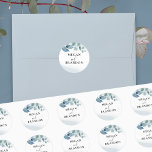 Dusty Eucalyptus Personalized Wedding Envelope Classic Round Sticker<br><div class="desc">Personalized wedding envelope seal with eucalyptus leaves, watercolor mist and hand lettering. This subtle and delicate watercolor design is personalized with the bride and groom names in classy typography, with "and" lettered in beautiful calligraphy. The seal is decorated with foliage and greenery in shades of dusty blue grey green with...</div>