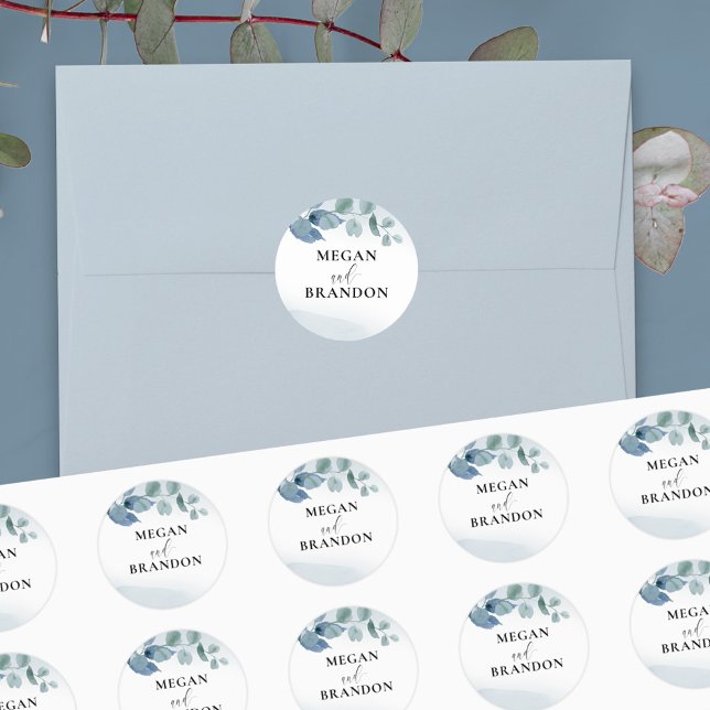 Dusty Eucalyptus Personalized Wedding Envelope Classic Round Sticker (Creator Uploaded)