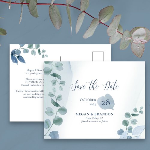 Dusty Eucalyptus Watercolor Greenery Wedding Save  Announcement Postcard