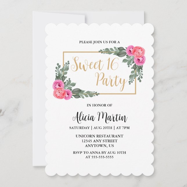 Dusty Flora Pink Rose Greenery Gold Sweet 16  Invitation (Front)