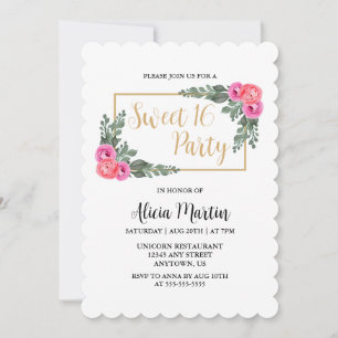 Dusty Flora Pink Rose Greenery Gold Sweet 16 Invitation