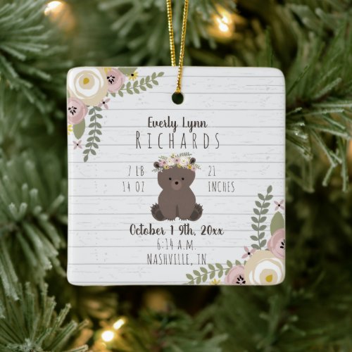 Dusty Floral Bear Cub Baby Girl Birth Stats Ceramic Ornament