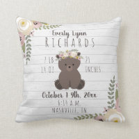 Dusty Floral Bear Cub Baby Girl Birth Stats Throw Pillow