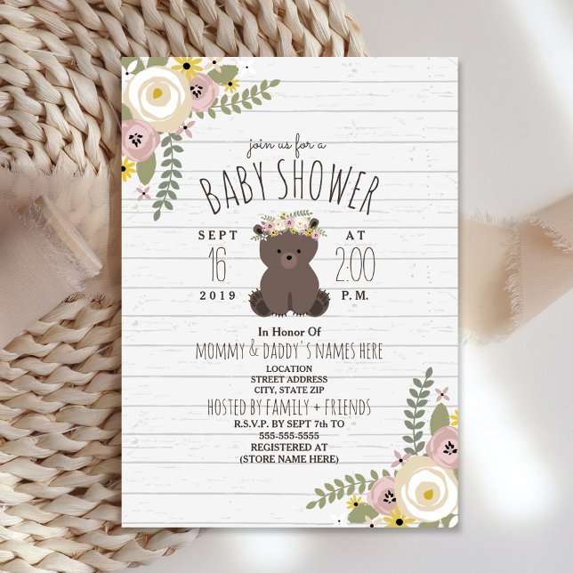 Dusty Floral Boho Bear Gray Wood Baby Shower Invitation (Creator Uploaded)