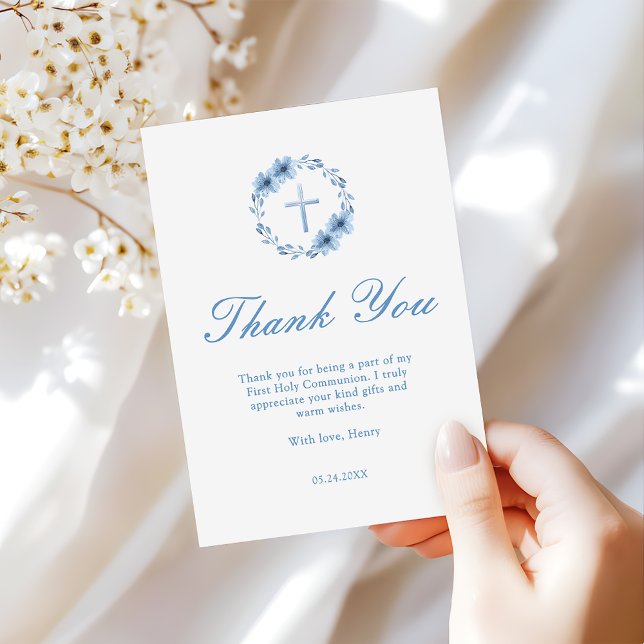 Dusty Floral Cross First Communion Thank You Note Card (Creator Uploaded)