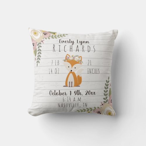 Dusty Floral Fox Baby Girl Birth Stats Throw Pillow