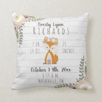 Dusty Floral Fox Baby Girl Birth Stats Throw Pillow