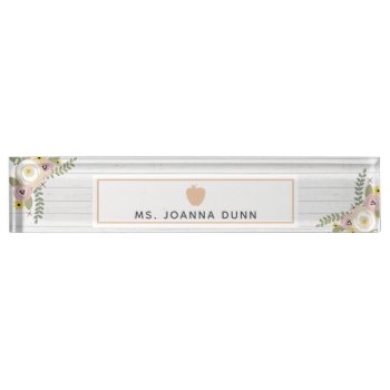 Dusty Floral Gray Wood Pink Apple Teacher Desk Name Plate by thepinkschoolhouse at Zazzle