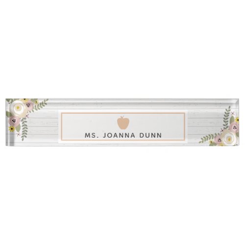 Dusty Floral Gray Wood Pink Apple Teacher Desk Name Plate