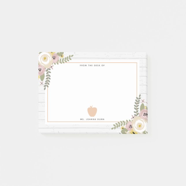 Dusty Floral Gray Wood Pink Apple Teacher Post-it Notes (Front)