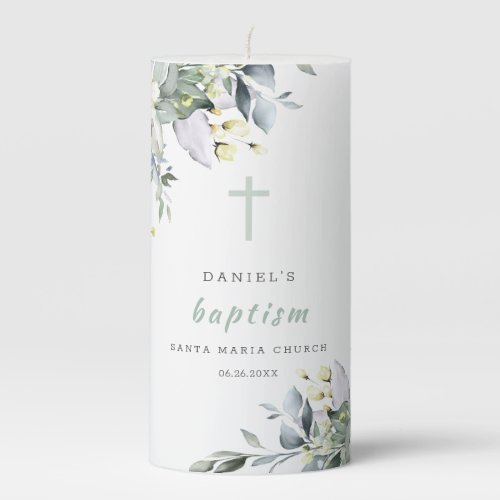 Dusty Floral Greenery  Baptism Pillar Candle