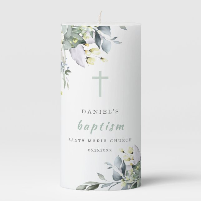 Dusty Floral Greenery  Baptism Pillar Candle (Front)