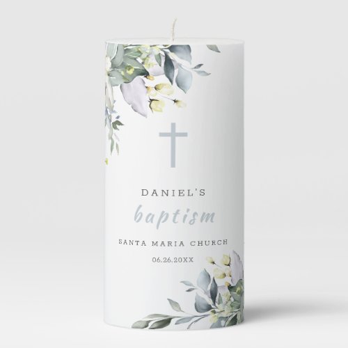 Dusty Floral Light Grey Baptism Pillar Candle