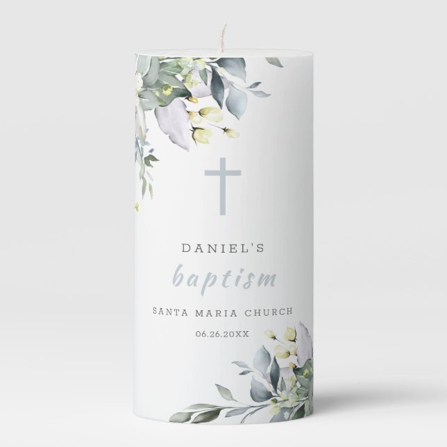 Dusty Floral Light Grey Baptism Pillar Candle (Front)