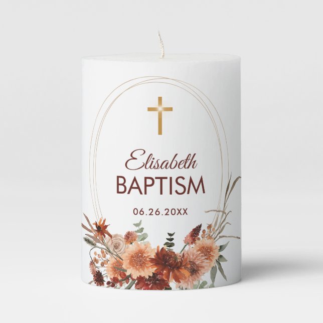 Dusty Floral Light Grey Baptism Pillar Candle (Front)