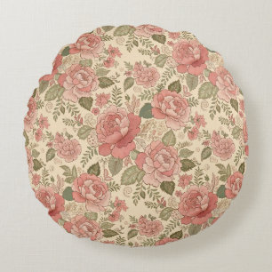 Dusty Floral Muse - Dusty Rose Sage Batik Style Round Pillow