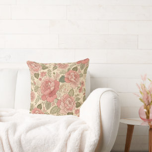 Dusty Floral Muse - Dusty Rose Sage Batik Style Throw Pillow