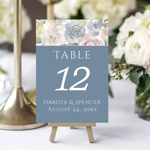 Dusty Floral  Muted Blue Pastel Rose Reception Table Number