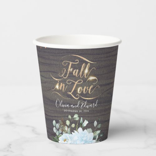 Dusty Floral Rustic Country Wood Fall in Love Paper Cups