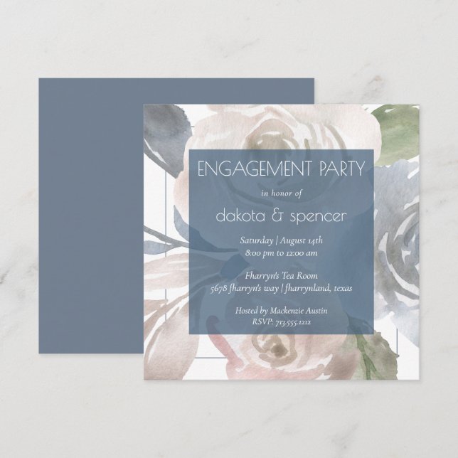 Dusty Floral | Smoky Blue Cream Engagement Party Invitation (Front/Back)
