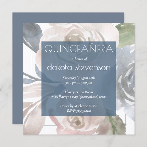 Dusty Floral  Smoky Blue Cream Quinceanera Party Invitation