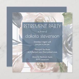 Dusty Floral Smoky Blue Cream Retirement Party Invitation