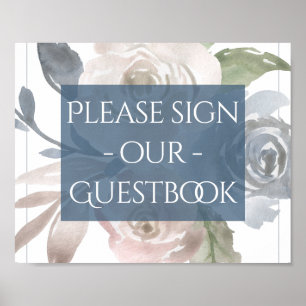 Dusty Floral   Smoky Blue Pastel Guestbook Sign