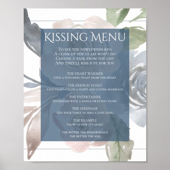 Dusty Floral | Smoky Blue Pastel Kissing Menu Poster (Front)