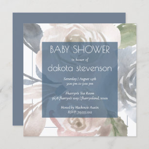 Dusty Floral   Smoky Pastel Blue Cream Baby Shower Invitation