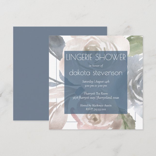 Dusty Floral | Smoky Pastel Blue Lingerie Shower Invitation (Front/Back)