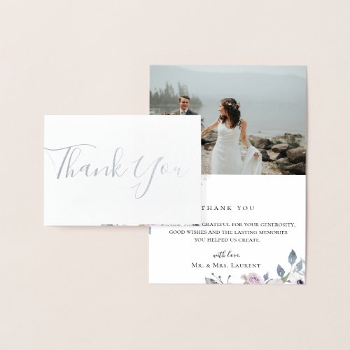 Dusty Floral Wedding Photo Foil Thank You Card