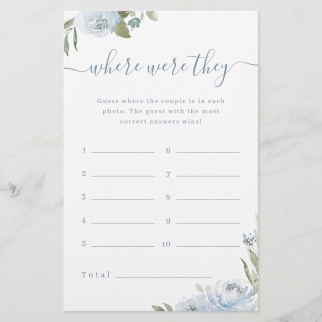 Dusty floral where were they bridal shower game (Front)