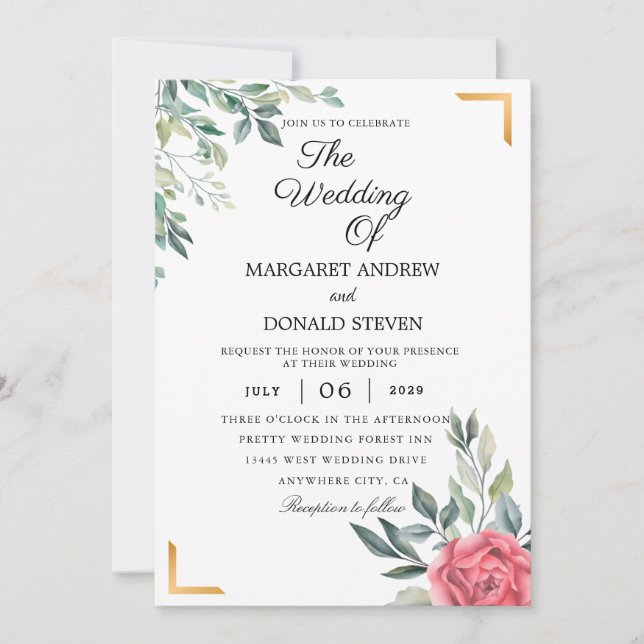 Dusty Floral with golden geometric frame wedding I Invitation (Front)