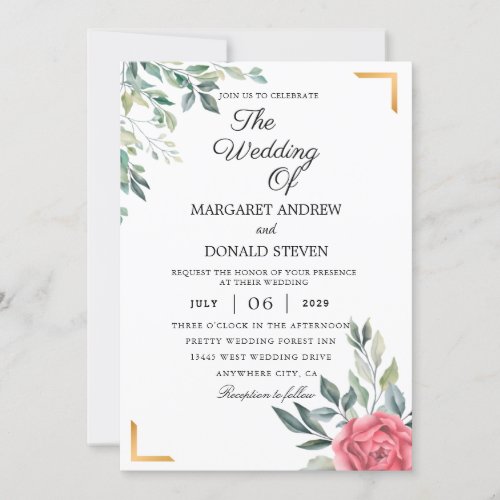 Dusty Floral with golden geometric frame wedding I Invitation