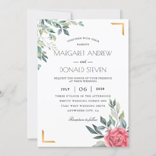 Dusty Floral with golden geometric frame wedding Invitation