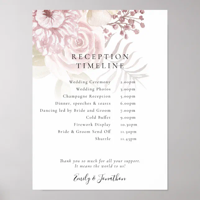 Dusty Florals Script Pink Reception Timeline Poster | Zazzle