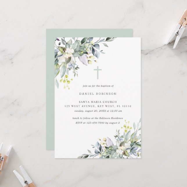 Dusty  Florals Soft  GreeneryBaptism Invitation (Front/Back In Situ)