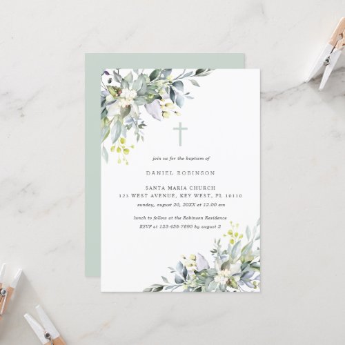 Dusty  Florals Soft  GreeneryBaptism Invitation