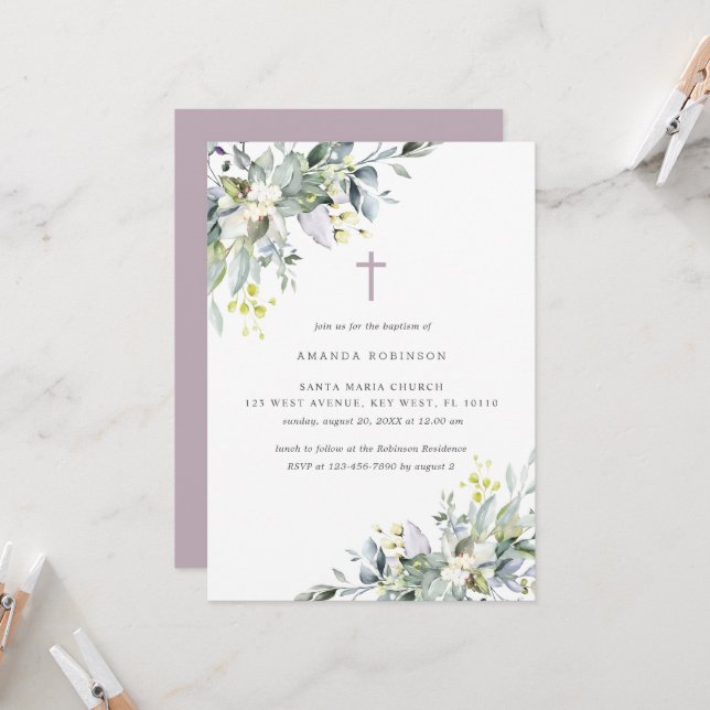 Dusty  Florals Soft Lilac Baptism Invitation (Front/Back In Situ)