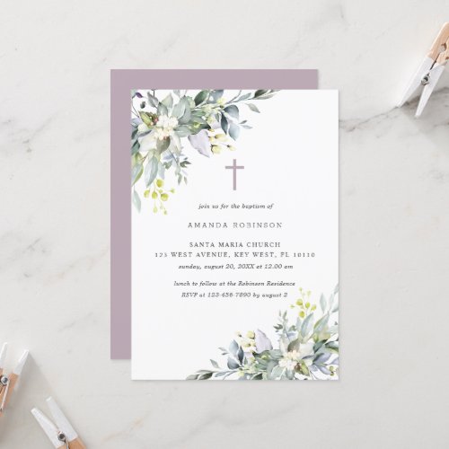 Dusty  Florals Soft Lilac Baptism Invitation