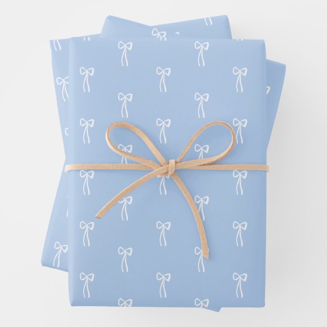Dusty French Blue Christmas Classic Coquette Bow  Wrapping Paper Sheets (In situ)