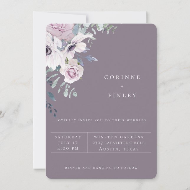 Dusty Garden Floral Violet Wedding Invitation (Front)