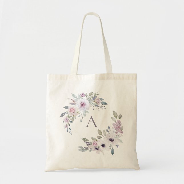 Dusty Garden Floral Wreath Monogram Tote Bag (Front)