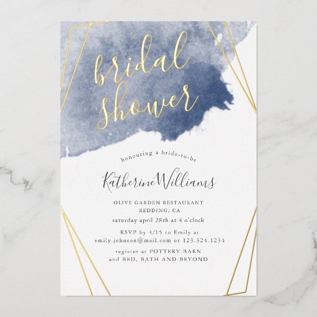 Dusty Gold and Blue Bridal Shower Foil Invitation (Front)